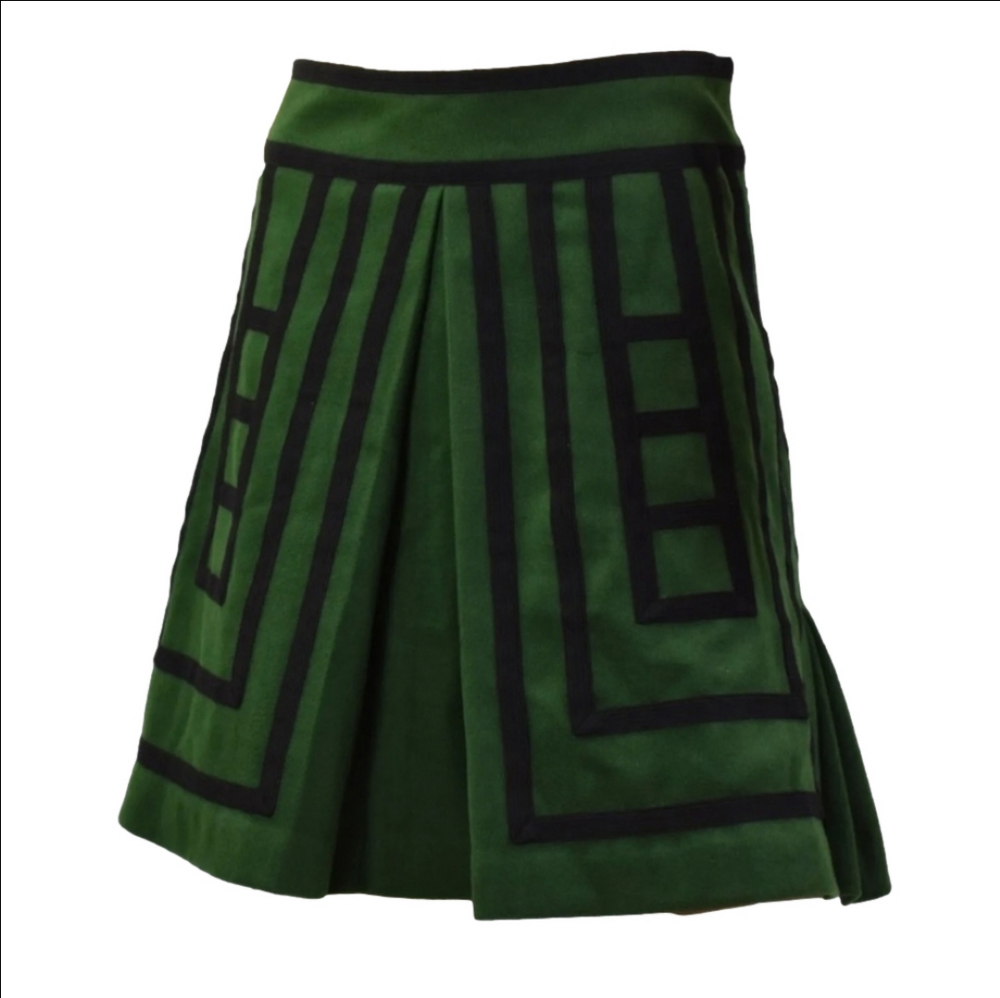 MAEVE BY ANTHROPOLOGY "TSUGA" GREEN WOOL BLEND BLACK PIPING PLEATED PREPPY SKIRT